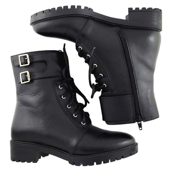 NWT Italian Shoemakers Black Leather Lace-Up Combat Short Boot Strap Buckle Sz 6 - Picture 2 of 15